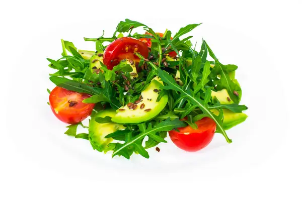Lehký dietní salát od rukolou, avokádem, tomates a lněné semínko — Stock fotografie