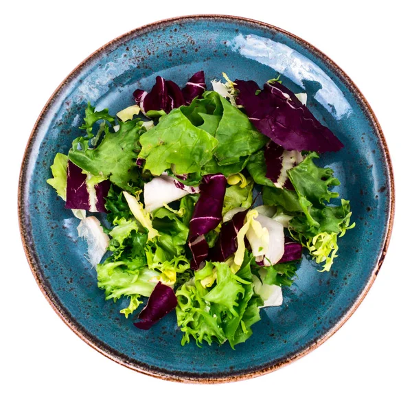 Ensaladas de jardín frescas en plato azul —  Fotos de Stock