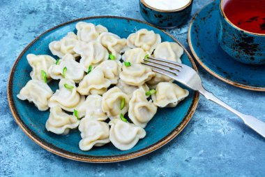 Mantı mavi plaka üzerinde pişmiş Delicious