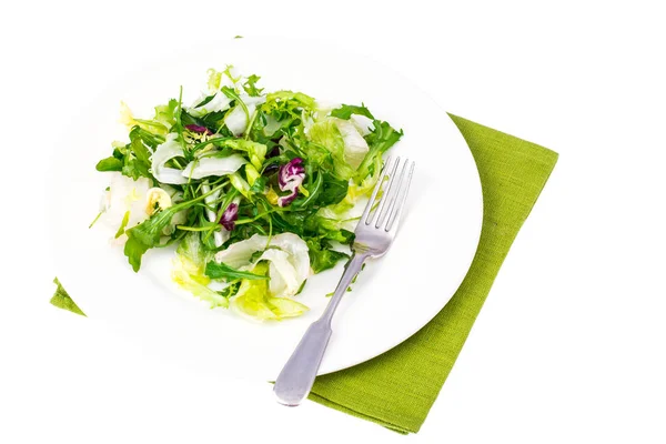 Dieta concetto di perdita di peso colazione. Mix di foglie fresche di insalata biologica verde — Foto Stock