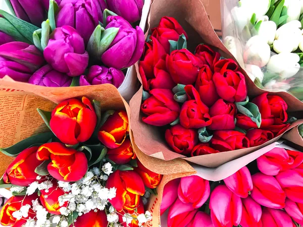 Ramos de tulipanes de diferentes colores — Foto de Stock