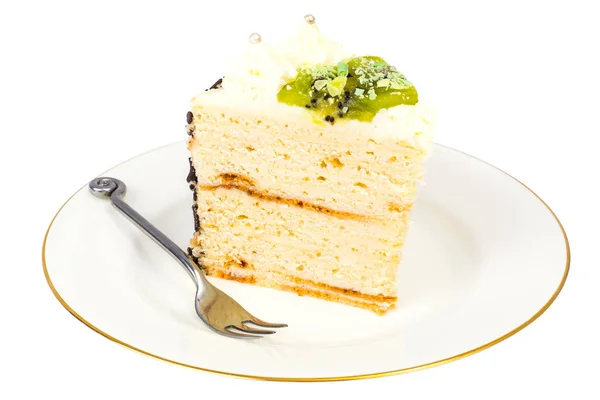 Vit platta med bit hemmagjord keso kaka med frukt och vaniljsås — Stockfoto