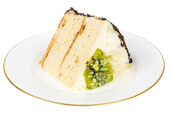 Prato branco com pedaço de bolo de queijo cottage caseiro com frutas e creme — Fotografia de Stock