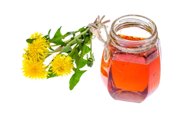 Medisinplanter, løvetann, blomster, honning i glasskrukke – stockfoto