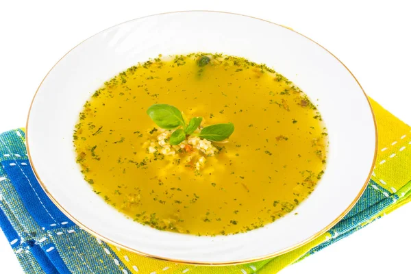 Comida de bebé. Sopa de frango com massa — Fotografia de Stock