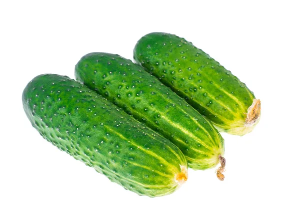 Three fresh green cucumbers isolated on white background — Stock Photo, Image