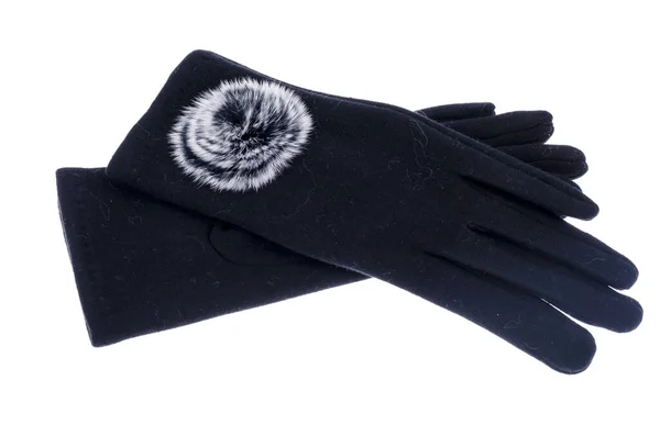 Черные Перчатки Текстильных Женщин Меховым Декором Студия Фото — стоковое фото