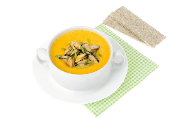 Cream soup with canned mussels. Studio Photo — Stock Image Cream Soup Canned Mussels Studio Photo Stock Picture