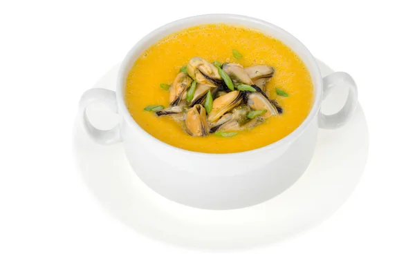 Cream soup with canned mussels. Studio Photo — Stock Image Cream Soup Canned Mussels Studio Photo Royalty Free Stock Photos