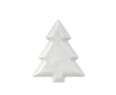 Noel sofrası için boş beyaz Noel ağacı tabağı. Stüdyo Fotoğrafı