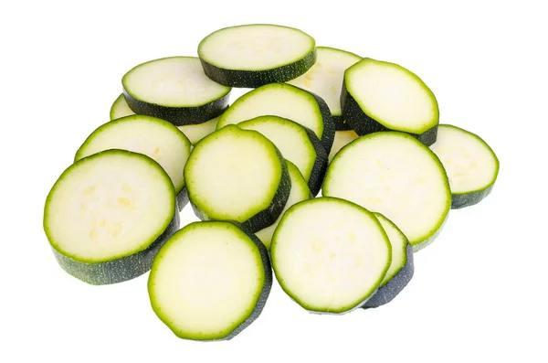 Zucchini Gehackte Scheiben Auf Weißem Hintergrund Als Gestaltungselement Der Verpackung — Stockfoto