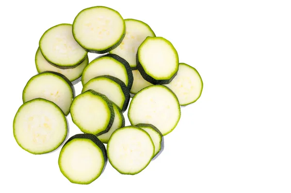 Zucchini Gehackte Scheiben Auf Weißem Hintergrund Als Gestaltungselement Der Verpackung — Stockfoto