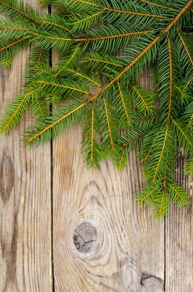 クリスマスの背景 木製の表面にトウヒの枝 スタジオ写真 — ストック写真