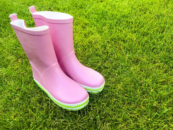 Pink rubber boots stand on green grass. Studio Photo