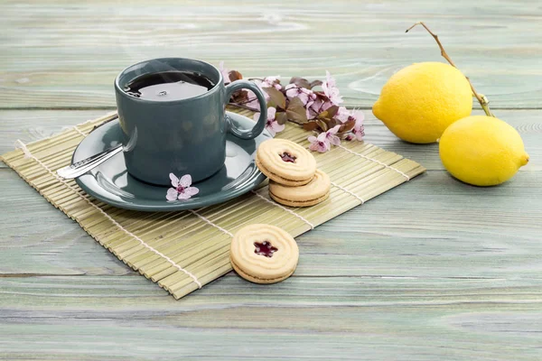Чашка чая и печенье крупным планом — стоковое фото