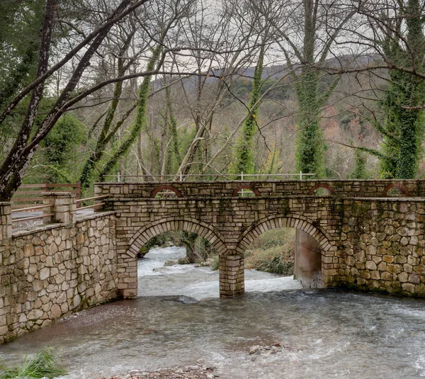 Old, stone, arched bridge across the river on a cloudy, winter day (Greece, region Arcadia).
