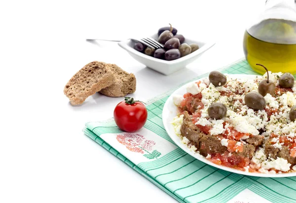 National Cretan Greek Snack Dakos Crackers Grated Tomatoes Feta Cheese — Stock Photo, Image