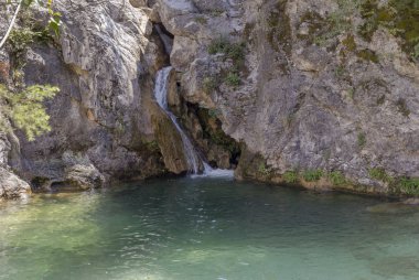 Güneşli bir günde Elikonas dağ nehri (Yunanistan, Pieria, Olimpos Dağı).