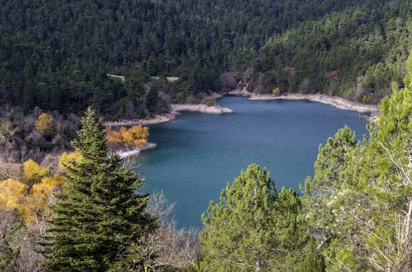 Vue Sur Lac Naturel Tsivilu Péloponnèse Grèce Forêt Épinettes Les — Photo