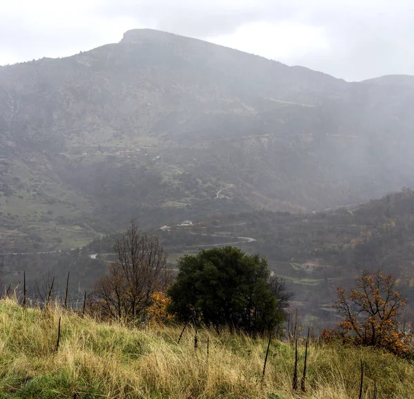 Paisagem Montanhas Floresta Afogando Nevoeiro Dia Nublado Inverno Peloponeso Grécia — Fotografia de Stock
