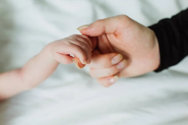Mamá Sostiene Recién Nacido Por Los Dedos Cerca —  Fotos de Stock