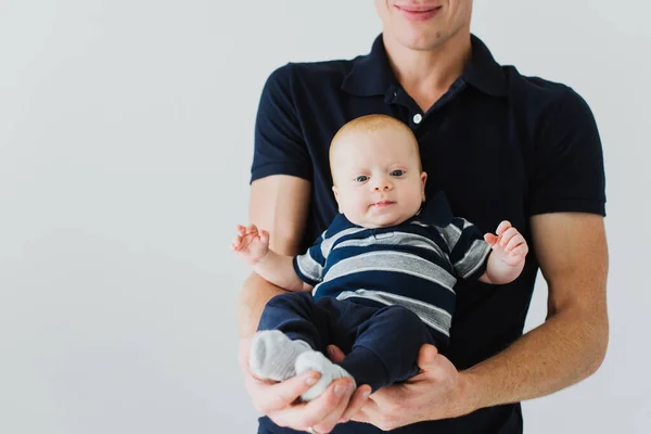 Dad Holds Baby His Arms Baby Looks Camera — Stock Photo, Image