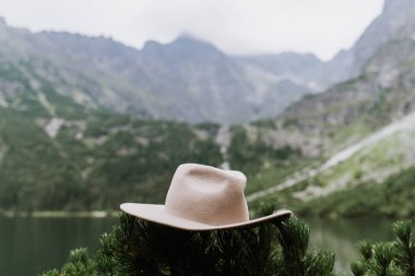 Şapka, dağların arka planında bir çalılıkta yatıyor. Şapka, dağların arka planında bir çalılıkta yatıyor. Dağlarda gezmek.