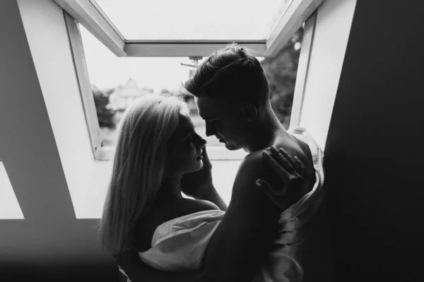 Young Man Woman Hug Kiss Sheets Window Man Woman Looking — Stock Photo, Image