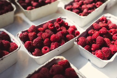 Markette tezgahın üzerinde karton kutuların içinde ahududu..