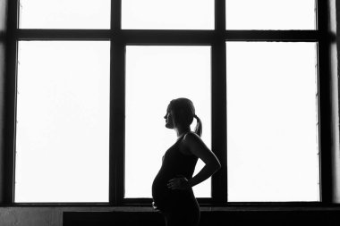 Pencerenin önündeki hamile bir kadının silüeti..