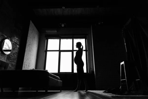 Silhouette of a pregnant woman in front of the window.