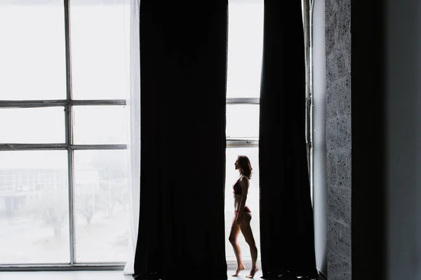 Beautiful Woman Underwear Window Studio — Stock Photo, Image