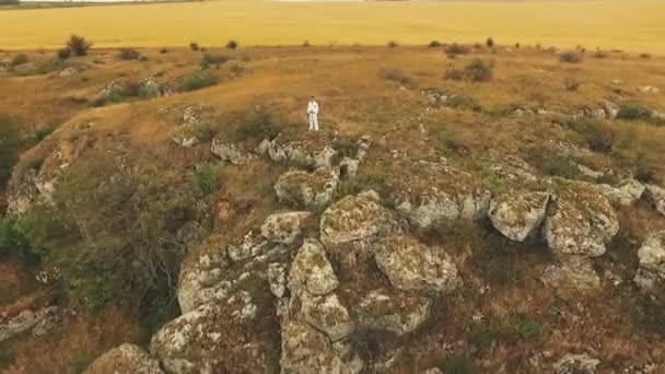 Wing Chun Ustası tarafından performansını havadan görünümü üzerinde altın rock — Stok video