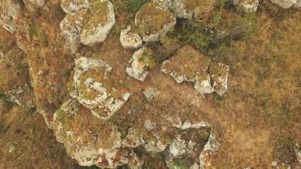Adam altın taş kayanın üzerinde egzersiz havadan görünümü — Stok video