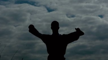 Silhouete bir adam ile gökyüzü arka plan üzerinde yükseltilmiş silah kayanın üzerinde duruyor. Yavaş yavaş