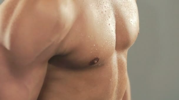 Feche o treinamento corporal de homens com o peso no ginásio. Devagar. — Vídeo de Stock