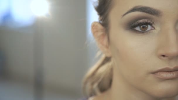 Maquillaje artista aplicar maquillaje a una joven atractiva — Vídeo de stock