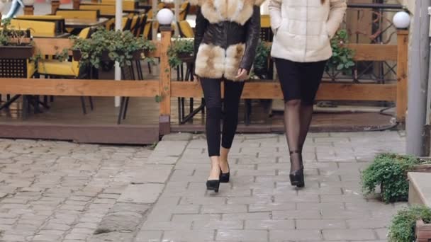 Две уверенные девушки ходят в пушистых пальто по улице. Медленно. — стоковое видео