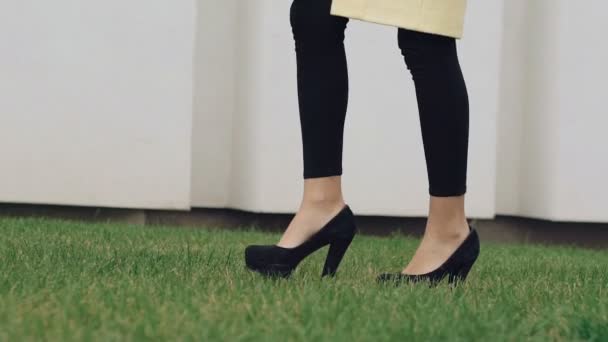 Look de chica elegante con el pelo largo en el abrigo posando en el fondo. Despacio. — Vídeos de Stock