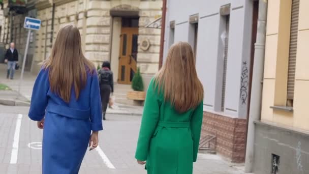 Lo sguardo posteriore di donne cammina la pista in soprabiti di cashmere sulla strada. Lentamente. — Video Stock