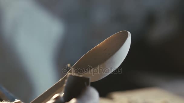 Close up of making wooden spoon by old carpenter. Slowly — Stock Video