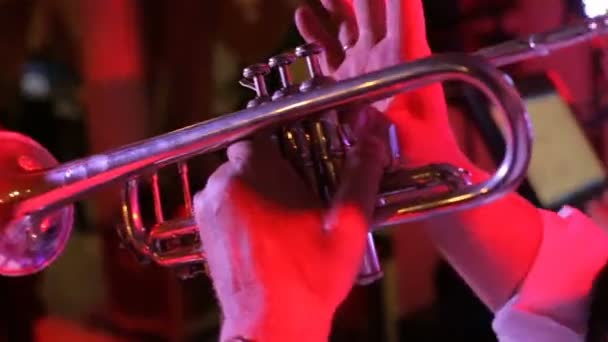 Playing trumpet on the background of a drummer — Stock Video