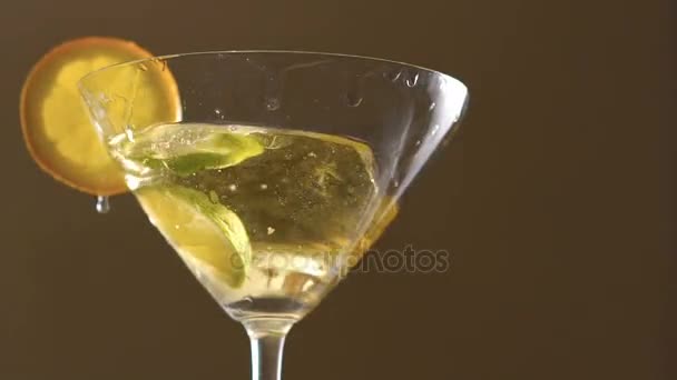 Eine Limettenscheibe, die mit Alkohol und Zitronenscheiben in einen Becher fällt. langsam — Stockvideo