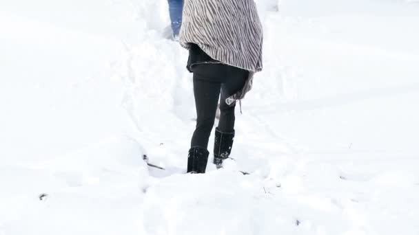 Κοντινό πλάνο γυναικεία πόδια το περπάτημα στο χιόνι. Σιγά-σιγά — Αρχείο Βίντεο