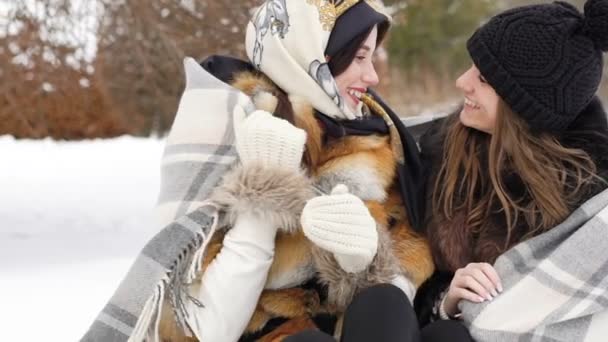 Дві дівчини вкриті м'якою посмішкою в зимовому парку. Повільний рух — стокове відео