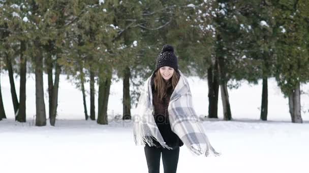 Chica feliz cubierta con cuadros caminando en el parque de invierno. Despacio. — Vídeos de Stock