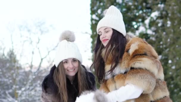 Zwei glückliche Mädchen lächeln und werfen Schnee in den Park. langsam — Stockvideo