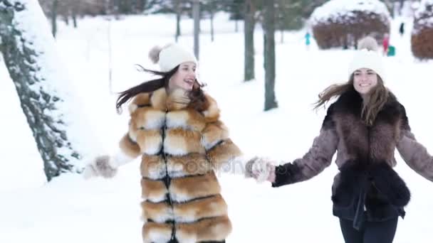 Дві красиві дівчата біжать через сніг у парку. Повільно — стокове відео