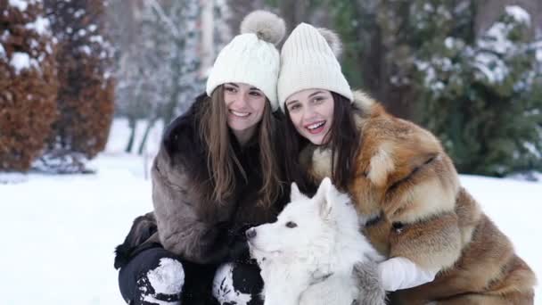 Две девушки играют с белой собакой в снегу. Медленное движение — стоковое видео
