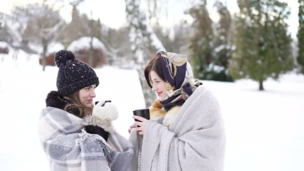 Dwie dziewczyny w kratę, mówiąc, uśmiechając się i picie herbaty w winter park 4k — Wideo stockowe